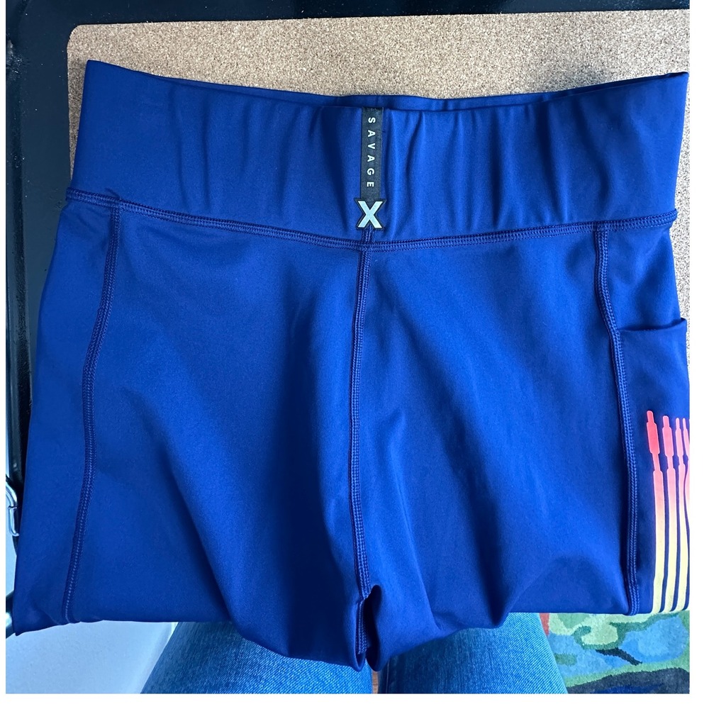 Savage X Fenty Activewear Set Bra High Waist Biker Shorts XL Navy Ombre Stripe - Picture 5 of 8